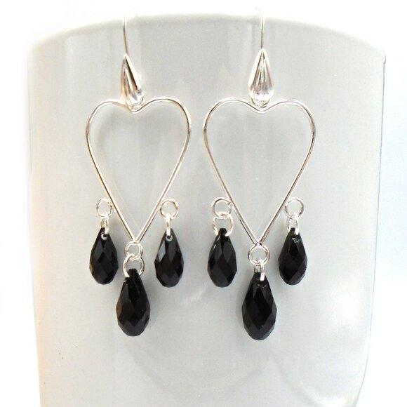 NWT ~ SILVER JET BLACK AUSTRIAN Teardrop Crystals Chandelier Earrings - Picture 1 of 2